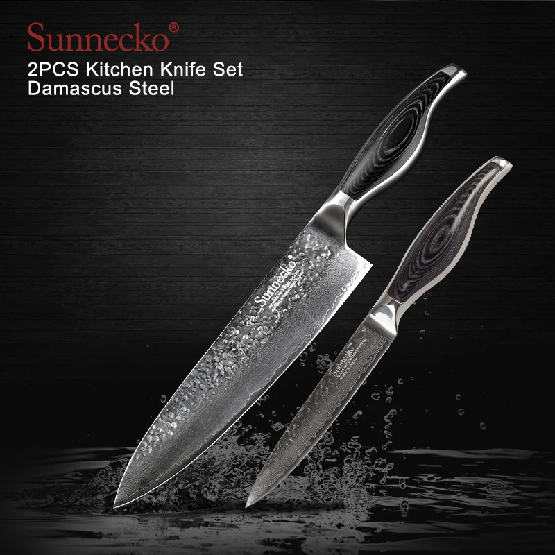 

SUNNECKO 2PCS Kitchen Knives Set 8'' Chef 5'' Utility Knife Damascus Japanese VG10 Steel Blade Cutter Knife Pakka Wood Handle