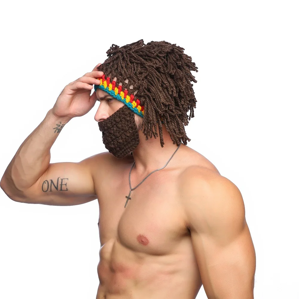 Wig Beard Hat  Caveman Bandana Handmade Crocheted Winter Men's Halloween Costume Funny Birthday Gifts