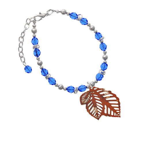 Acrylic Medium Triple Leaf Pearly Brown Royal Blue Beaded Bracelet
