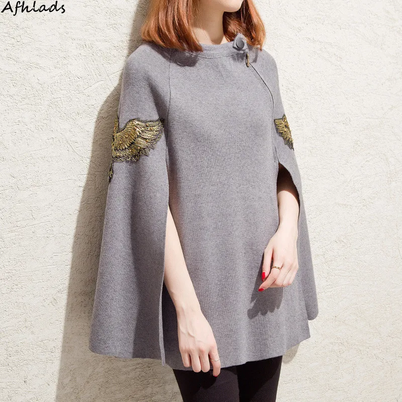 

Autumn new cloak coat batwing shirt women's Korean version of the tide sweater short-sleeved embroidery beaded shirt jacket