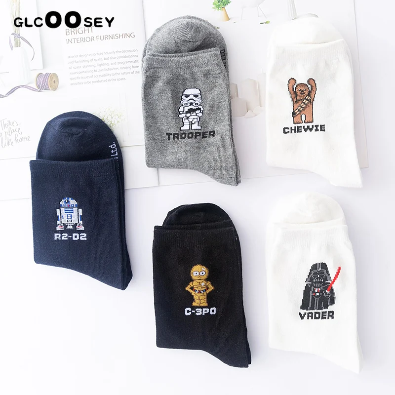 

NEW Women Socks Cotton Star Wars Mid-calf Length Sock Girls College Wind Cartoon Robot Female Harajuku Fuzzy Socks White Black