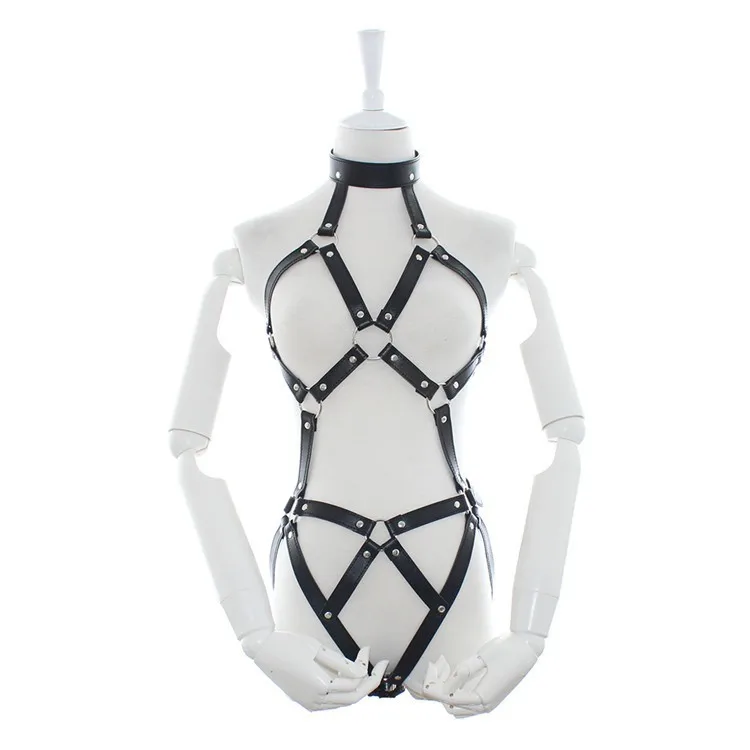  Womens PU Leather Strappy Fetish Body Harness Halter Neck Teddies Cupless G-String Back Bodysuit Er