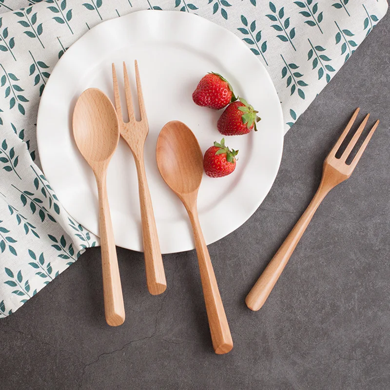 2 Pcs Wood Spoon Fork Cutlery Set Wooden Dinnerware Set Catering Fork Spoon Dinner Table Fork Dessert Soup Spoon Wood Utensils (1)