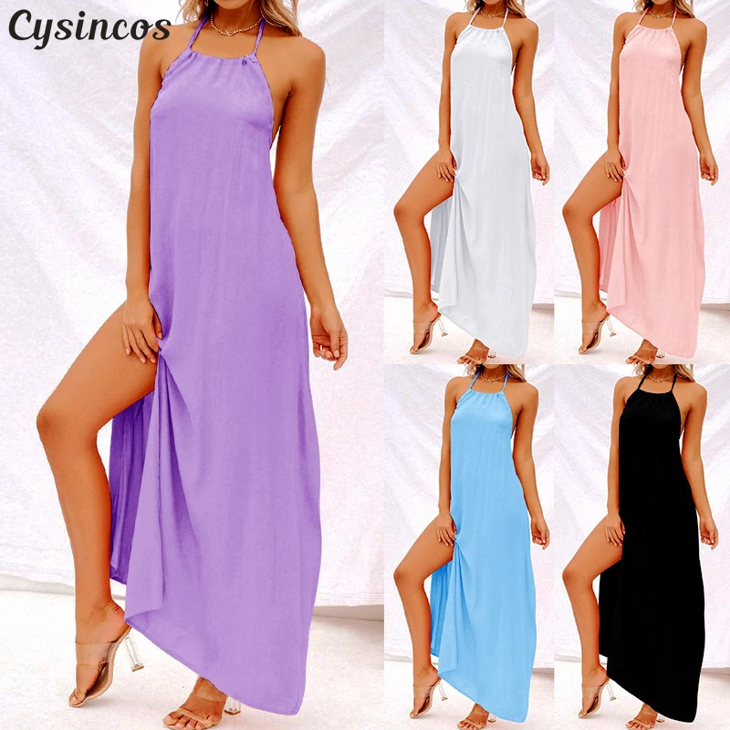 

Cysincos Women Boho Summer Halter Neck Dress Side High Split Long Casual Dress Sexy Sling Backless Sleeveless Sundress Beach