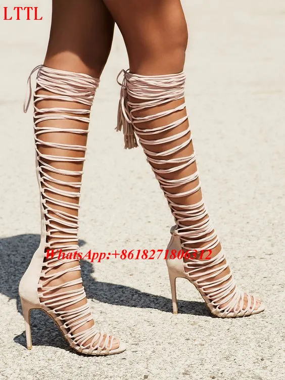 Narrow Band Designer Fringe Lace-Up Knee High Sandal Boots Stiletto Heels Ladies Summer Shoes Cut-Out Gladiator Sandals Women