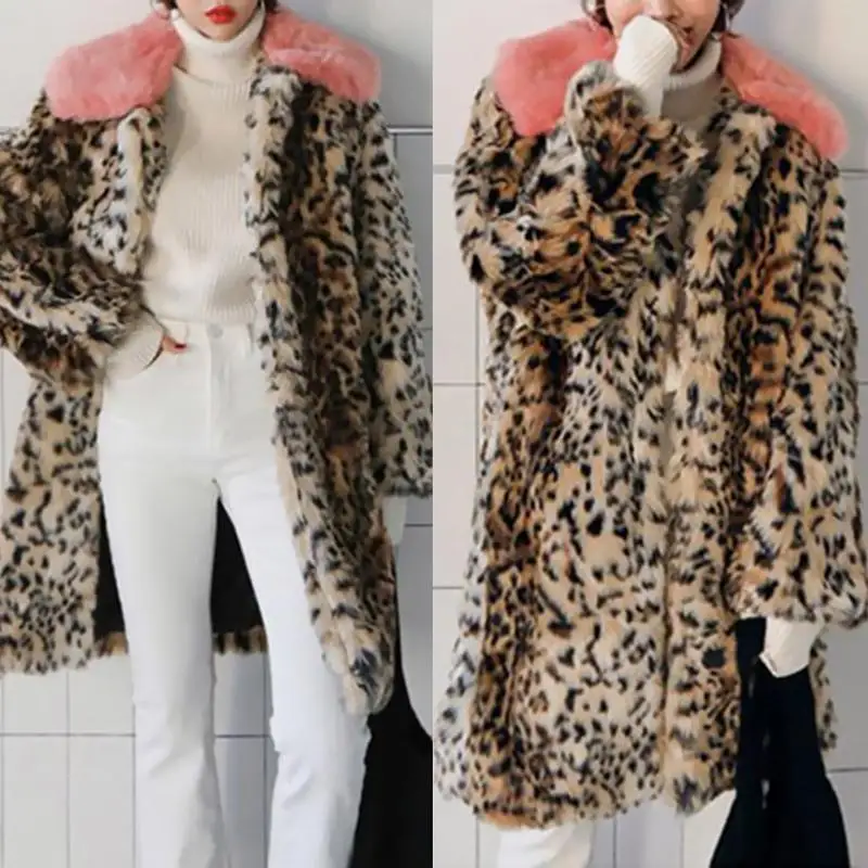 Женское розовое пальто с меховым воротником, леопардовое длинное пальто из искусственного меха, женское модное повседневное пальто с длинным рукавом