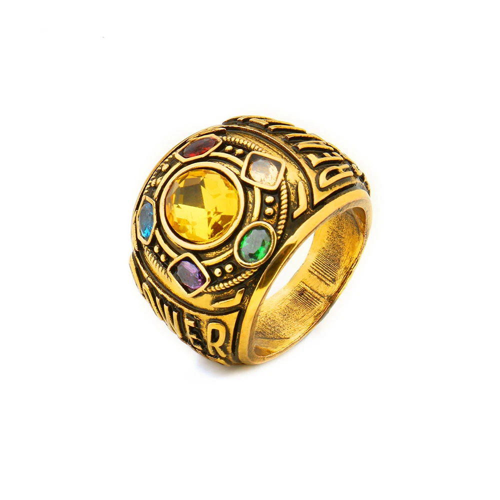 

Trendy Infinity Gauntlet Power Ring Men Avengers War Thanos Jewelry Handstamped Letter Ring with Crystals for Men Jewelry Gift