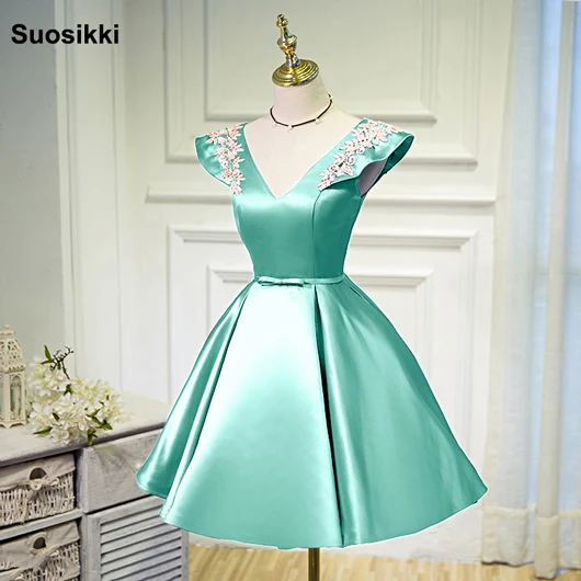 Suosikki/вечерние платья, расшитые бисером и блестками; Vestidos; короткий рукав; Vestido De Renda; черное атласное кружевное вечернее платье; короткое - Цвет: Ice Blue