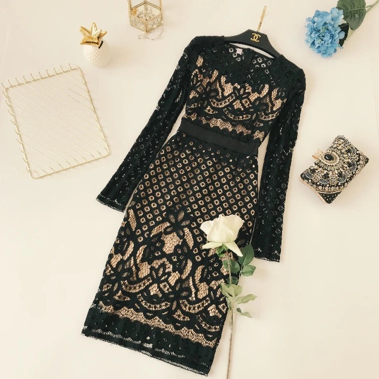 

2019 Fashion Spring Women's Celebrity Hit Color Hollowed Eyelash Lace Long Sleeve Dress Slim Ladies Sexy High Waist Party Dress