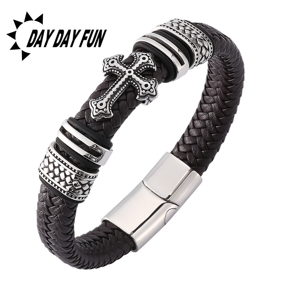 

2019 Punk Style Cross Men Charm love bracelet Article Genuine Leather Bracelet Double Layer Hand Jewelry Gift E0120