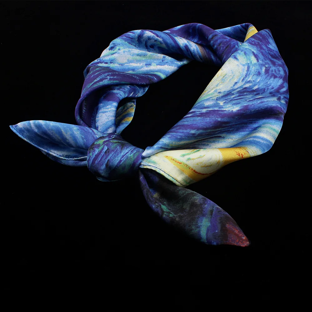 

55cm*55CM Van Gogh Scarf Korean Version Women Simulated Silk Oil Painting Star Sky Soft Career Temperament Small Square Scarf