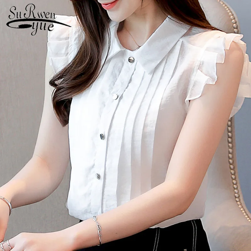  Women blouse and top 2019 summer fashion White blue turn down collar shirt sleeveless Lady shirt Of