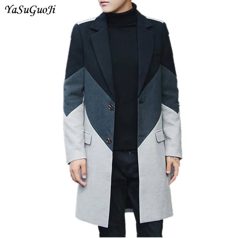 

2017 new winter british style fashion color-blocked patchwork slim fit single breasted thicken woollen long coat men NDY14