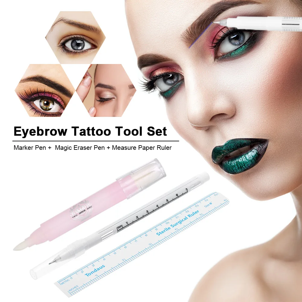 

3Pcs Eyebrow Tattooing Skin Marker Pen With Measure Paper Ruler +Magic Eraser Remover Brush Pen Permanent Makeup Tattoo Tool