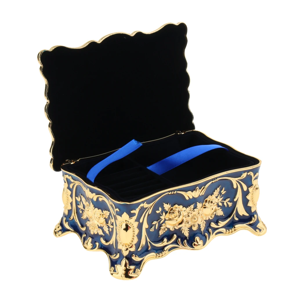 2-Layer Blue Large Vintage Metal Trinket Jewelry Boxes Gift Storage Organizer Gift for Girls Teens Women