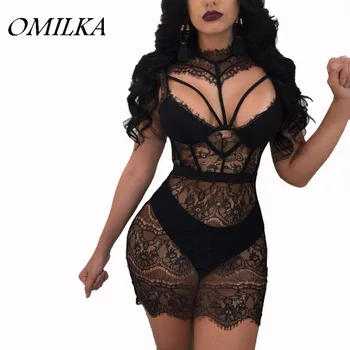 

OMILKA 2018 Summer Women Sleeveless Hollow Out Bodycon Lace Dress Sexy Black Red Backless Club Party Mini Vestidos Femininos