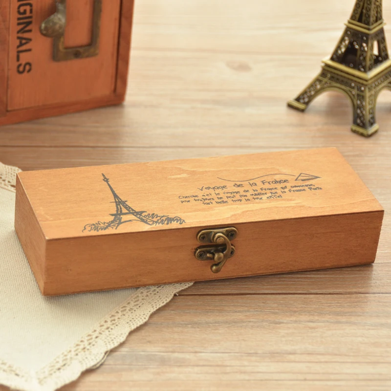 

AIBEI-19CM Zakka Wooden Paris Eiffel Tower Pencil Box Korean Retro school Pencil Case Storage Boxes