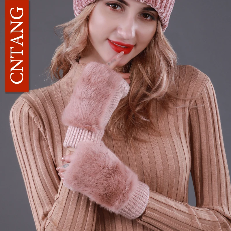 

CNTANG Autumn Winter Knitted Wool Fingerless Gloves Women Cute Real Rabbit Fur Mittens Female Fashion Warm Gloves For Ladies