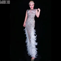 White luxury atmosphere rhinestone lace dress birthday celebration party banquet evening dress concert ball singer costume White luxury atmosphere rhinestone lace dress birthday celebration party banquet evening dress concert ball singer costume