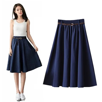 

Summer Knee Length Skirt Women With Belt Fashion Korean Ladies High Waist Pleated A-line School Skirt Female