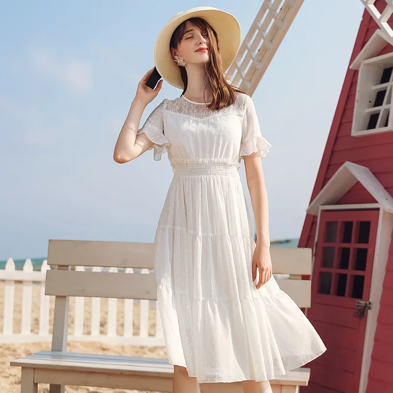 

Wasteheart Summer White Women Lace Long Dresses Holiday Sexy Plus Size Sundress Dresses Chiffon Embroidery Sweet Beach Style