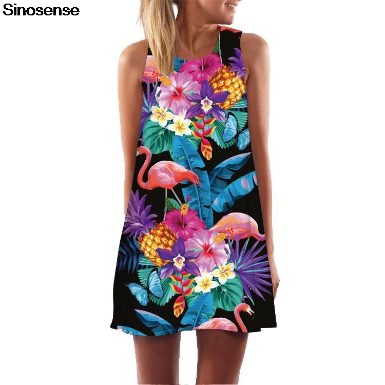 

New Vintage Flamingo Pineapple Floral Dress 2019 Sleeveless Summer Boho Beach Dress Casual Sexy Mini Short Loose Chiffon Dress