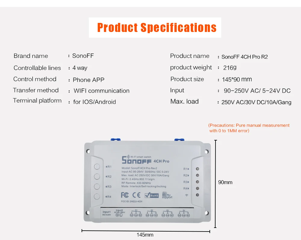 Sonoff 4CH Pro R2 многоканальный беспроводной Wifi переключатель для умного дома Модуль Автоматизации 433 МГц пульт дистанционного управления 220 В