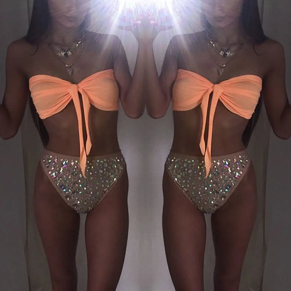 

Women Bikinis 2017 Summer Women Push Up Bow Beachwear Swimwear Sequin Triangle Bra Bikini Set Bathing Swimsuit