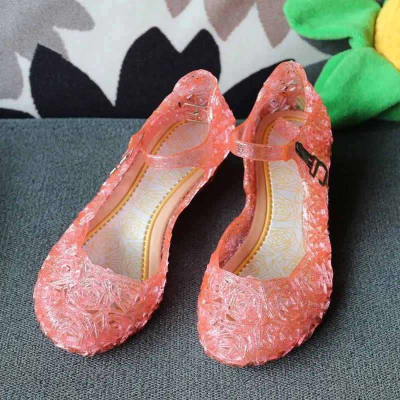 VOGUEON/летние сандалии для девочек; Принцесса Эльза; Пряжка с кристаллами; ПВХ; детская обувь для дня рождения; аксессуары для костюмированной вечеринки; Танцевальная обувь для девочек - Цвет: Orange Pink Sandals