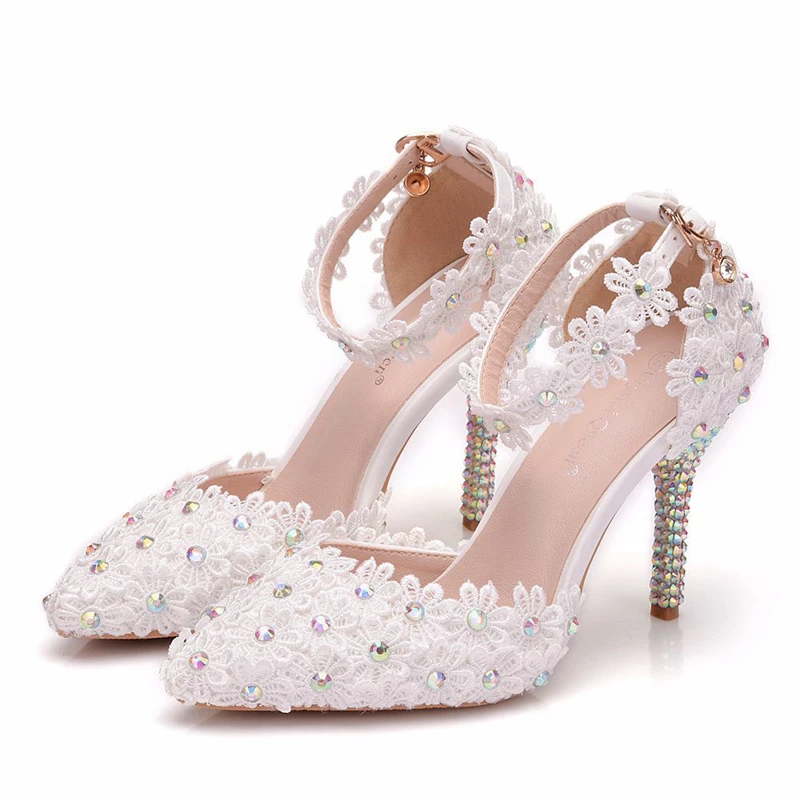 

White Lace Flower Party Shoes Pointed Toe Thin Heel Wedding Shoe Summer Sandal 9cm Heel Party Ankle Strap Shoes XY-A0264