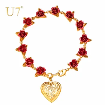 

U7 Women Bracelets Rose Flower Heart Locket Charm Bracelet Chain Girl Femme Wedding Bridal Jewelry Mother's Day Gifts New H1083