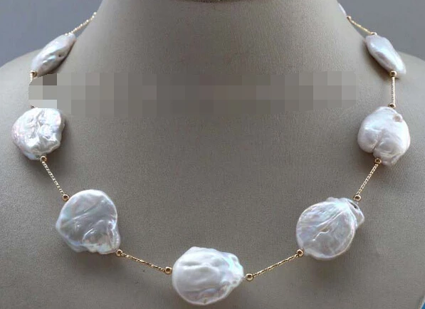 

0002375 Natural 25mm White Baroque Reborn keshi Pearl Necklace Chain 14KGP