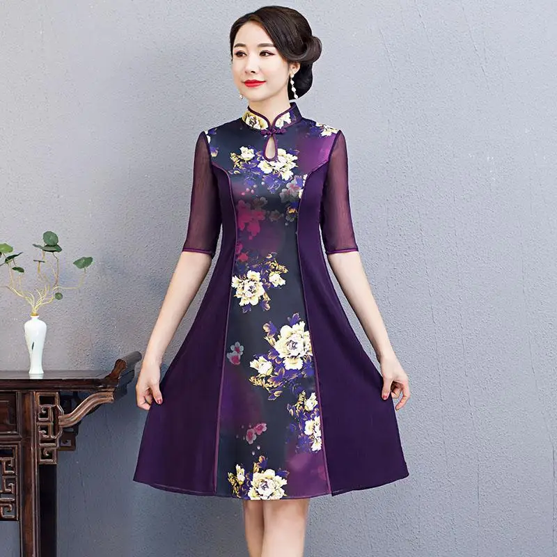 Сексуальные короткие Cheongsam летние винтажные платья в китайском стиле Модные женские Qipao тонкие вечерние платья с пуговицами Vestido S-3XL - Цвет: Фиолетовый