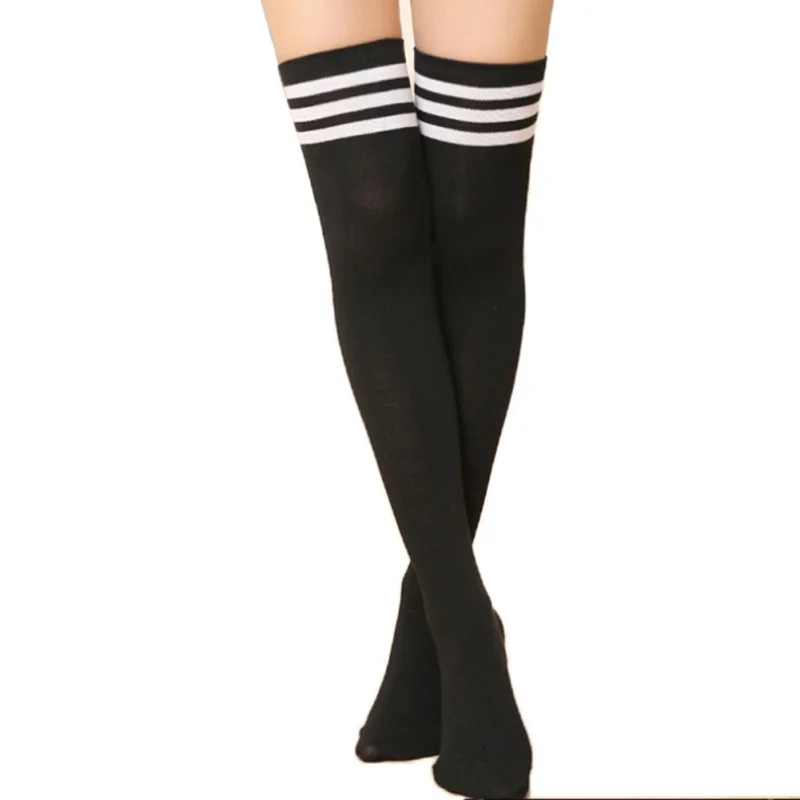 Summer Autumn Casual Over Knee Black Noir Socks Hot Thigh High Sexy Cotton Socks Women's Striped Over Knee Girl Lady Sock