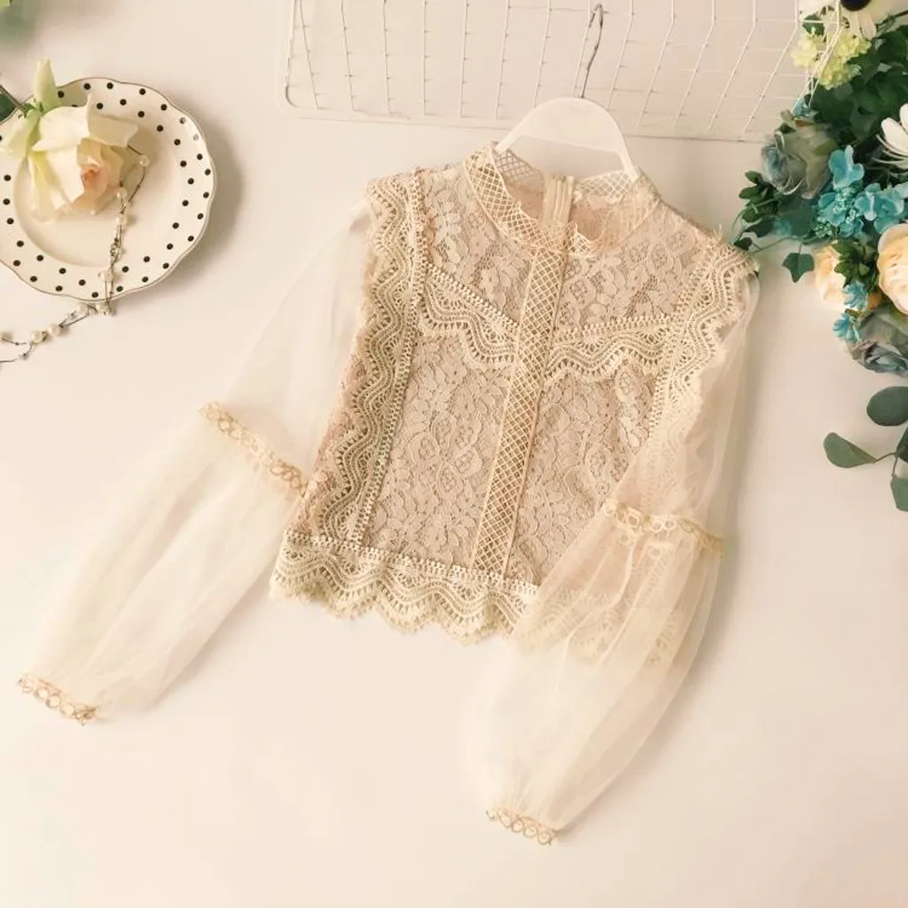 

Newest Korean Women Clothing Summer Sexy Lace Floral Long Sleeve See Through Short Wild Hollow Out Short Shirt Top Blouse