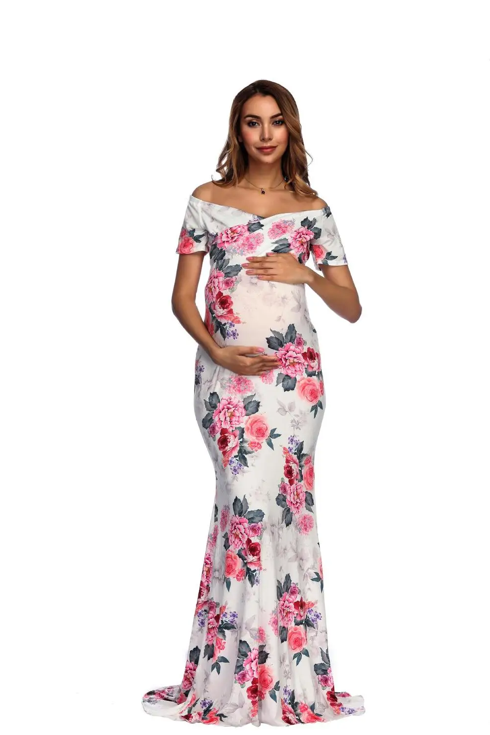 New Floral Maxi Maternity Gown For Photo Shoots Long Maternity Photography Props Pregnancy Dress Sexy Pregnant Dresses For Women (13)