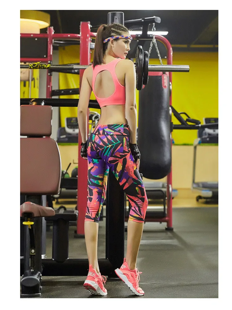 Женские штаны для йоги, леггинсы для фитнеса, бега, эластичные, дышащие, женские, тонкие, с принтом, штаны для йоги, для спортзала, спортивные, укороченные, брюки 7 - Цвет: Фиолетовый