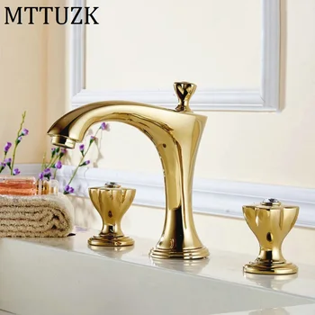 

MTTUZK Free Shipping Bathrooms Gold Brass Faucet Double Knobs 3 Hole Deck Mounted Sink Faucet Hot Cold Mixer Tap 3PCS/set