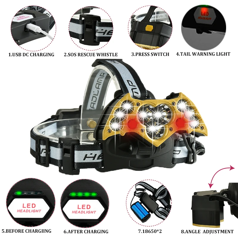 60000LM светодиодный головной светильник 9* T6+ 2 красный Предупреждение светильник фары с SOS спасательный свисток электроэнергии напоминание USB Зарядка 18650 90