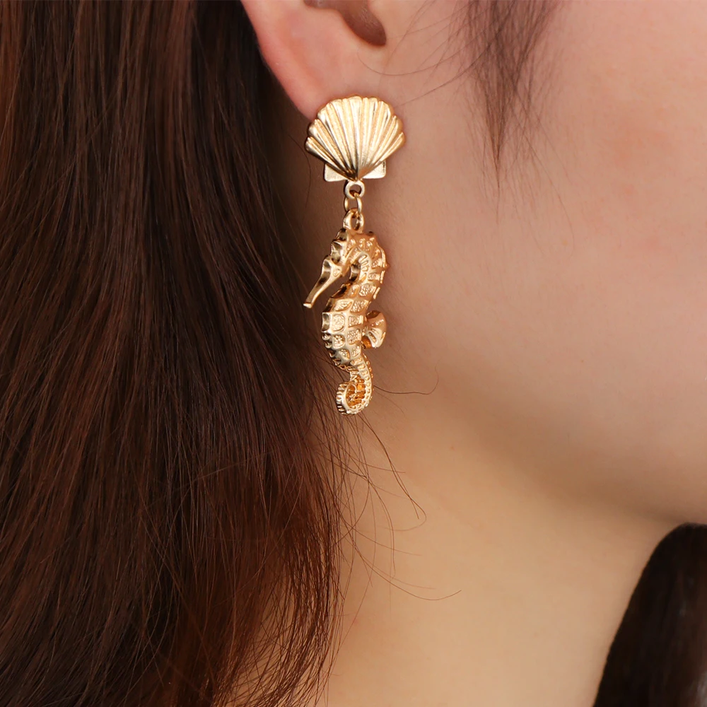 1Pair Summer Retro Fashion Shell Earrings Women Gold Color Geometric Irregular Starfish Conch Statement Jewelry Accessories