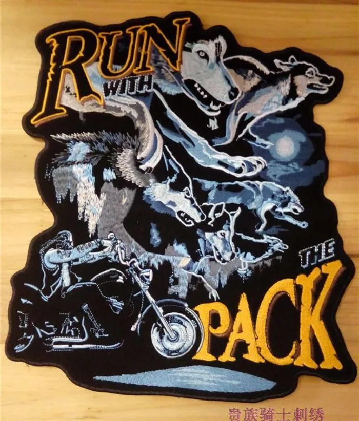 

11.6'' inches Embroidery twill Biker Patches Biker with wolves RUN WITH THE PACK for Jacket Back Motorcycle Club MC Surport
