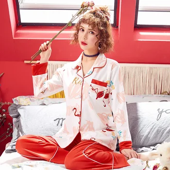 

JINUO 16 Styles Korean Version Popular Design Autumn Women Cotton Pajamas Sets V-Neck Pajama Sets Casual Sleepwear Sets