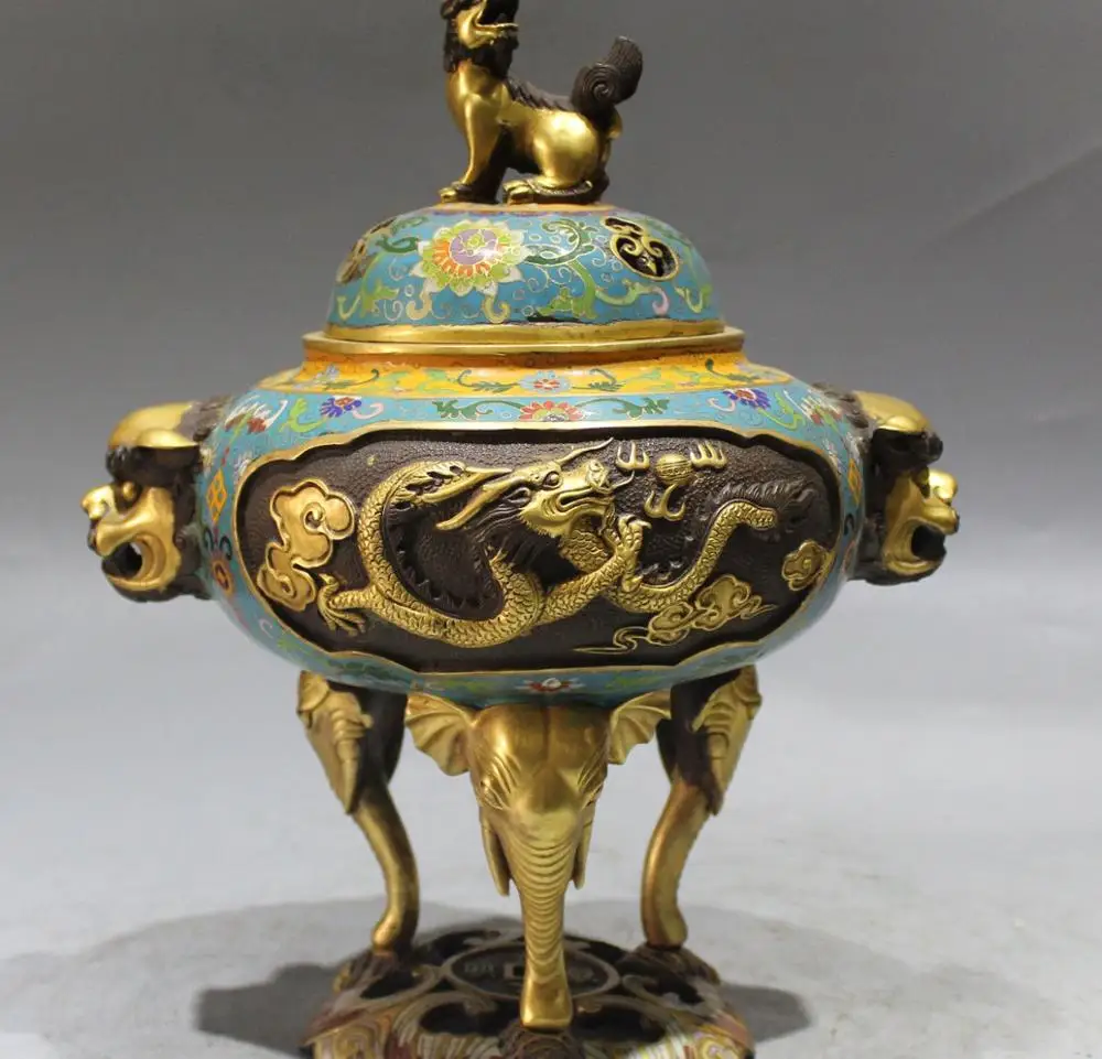

13"Marked Cloisonne Enamel 24K Gold Dragon Lion Elephant Incense Burner Censer