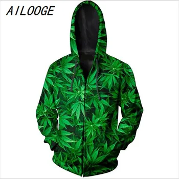

AILOOGE For Men Sweatshirts 3D Printed Green Leaf Weed Graphic Pullovers Hip Hop Clothing Hooded Zipper Pocket Hoody Streetwear