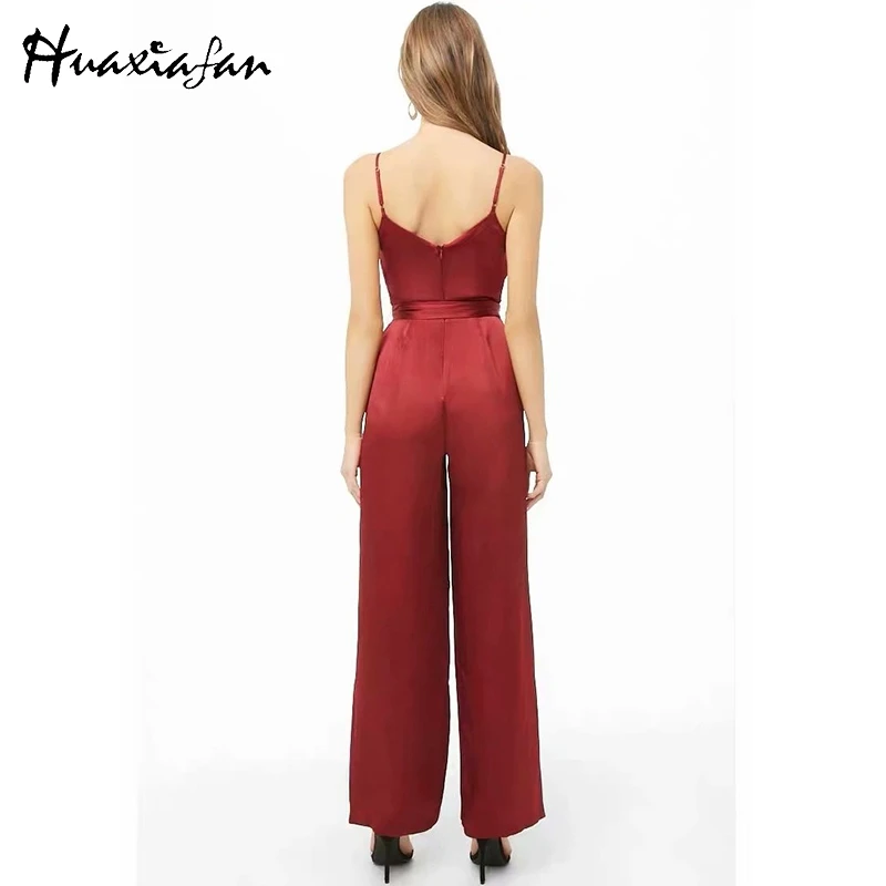 Huaxiafan Strap Jumpsuits For Women Sashes Solid Red Black Pants Sexy Backless Long Rompers Womens Straight Overalls Female