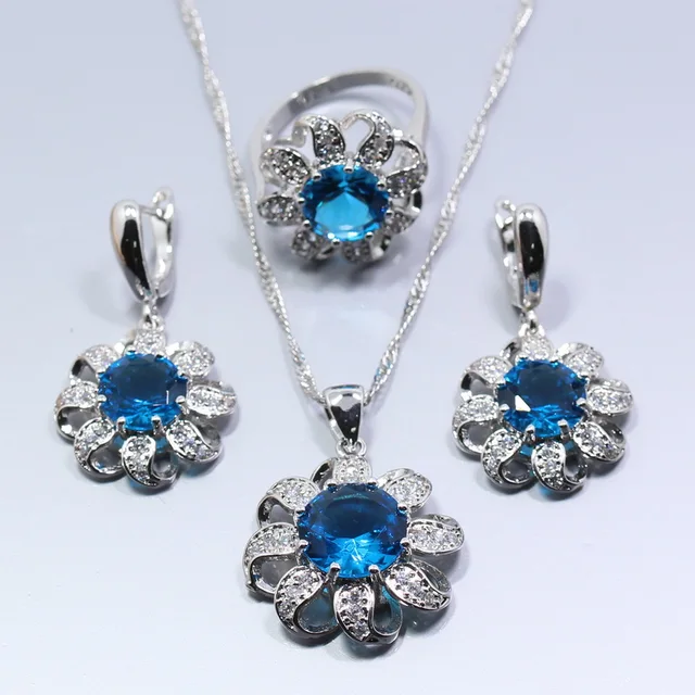 Impressive Light Blue Crystal 925 Silver Women Flower Jewelry Sets ...