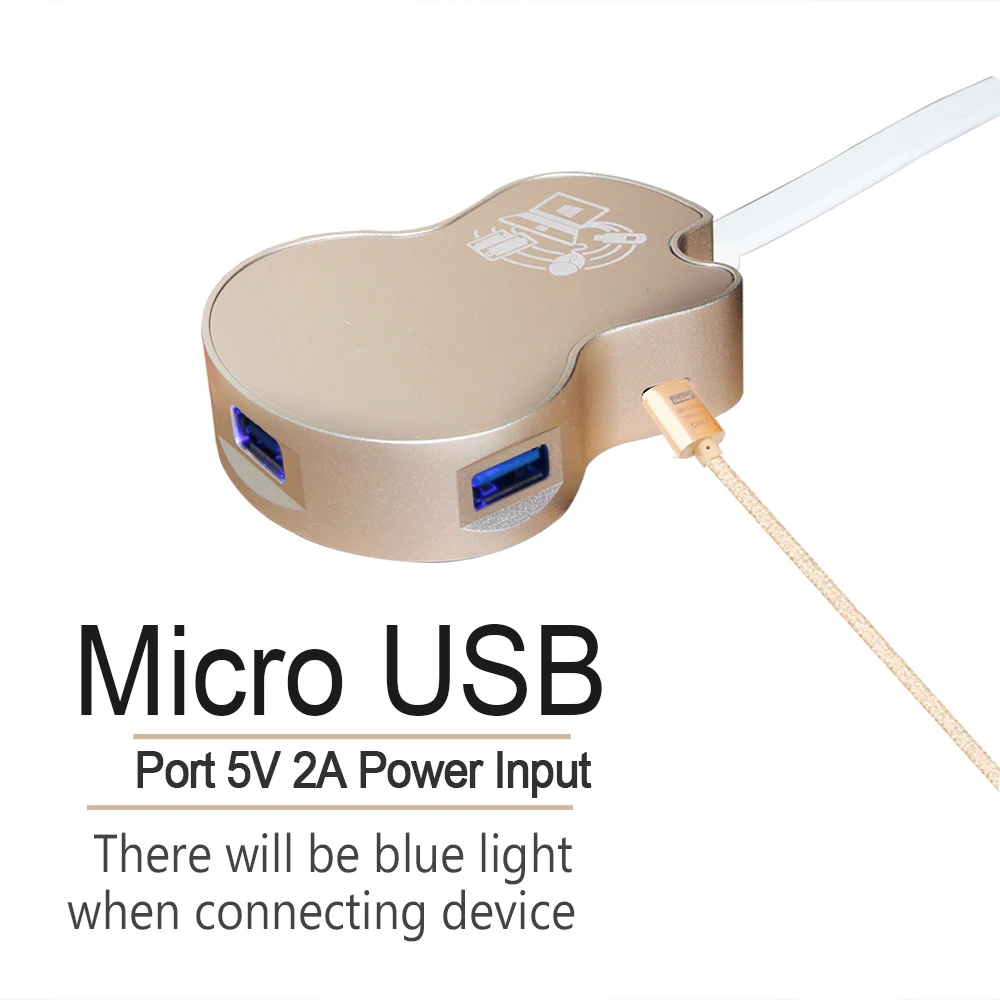 USB 3.0 Hub 4 Ports USB Splitter Micro Hub USB 3.0 Gold Guitar Chargable Hub High Speed Computer Accessories For MacBook PC      