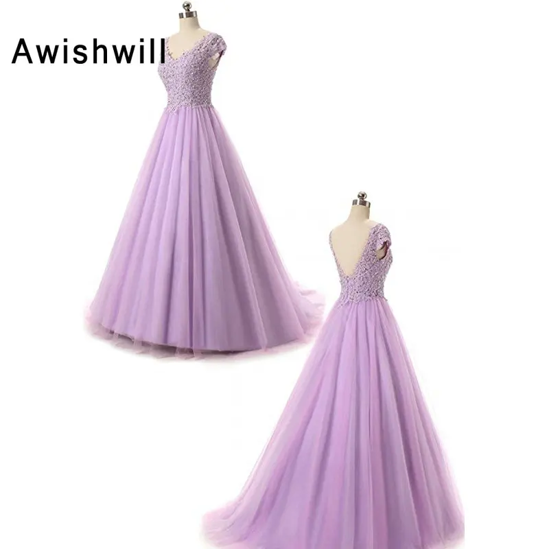 Real Photo Cap Sleeve V-neck Floor Length Appliques Beaded Tulle Lavender Color Long Prom Dresses Ball Gown Robe de Bal long prom dresses