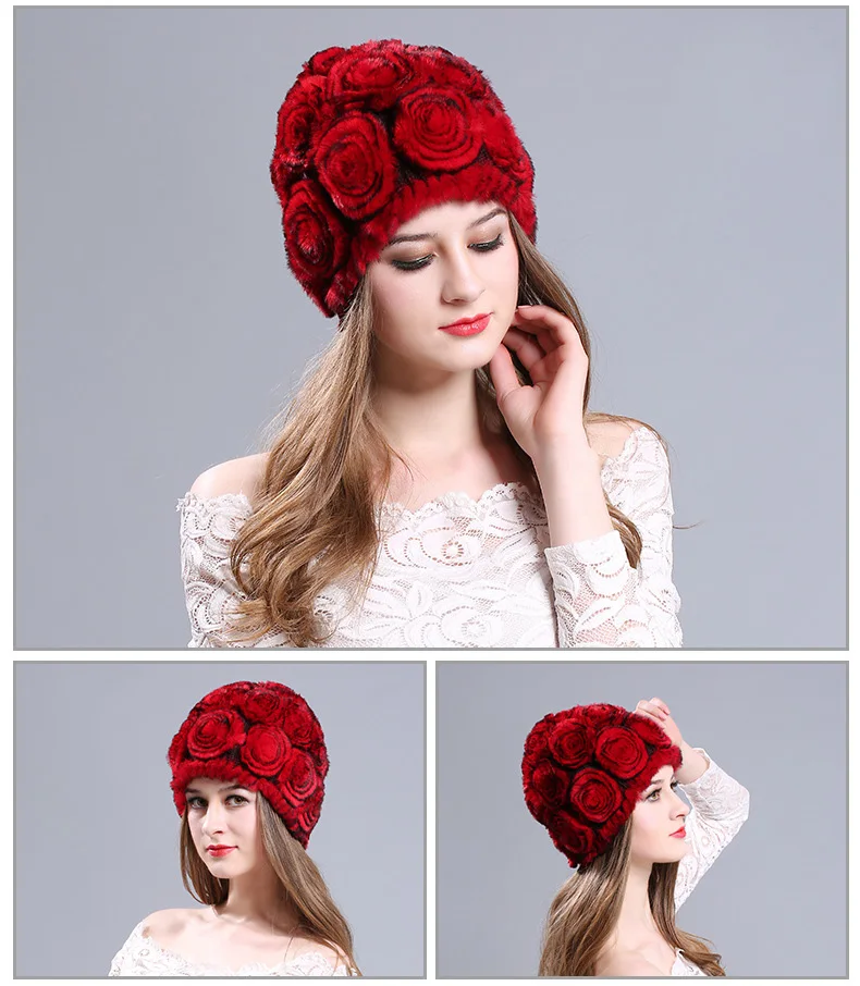 Осень-зима Для женщин Цветочный вязаная шапка Модные теплые ветрозащитные женские Трикотажные шапки для женщин wrasse волос кролика для