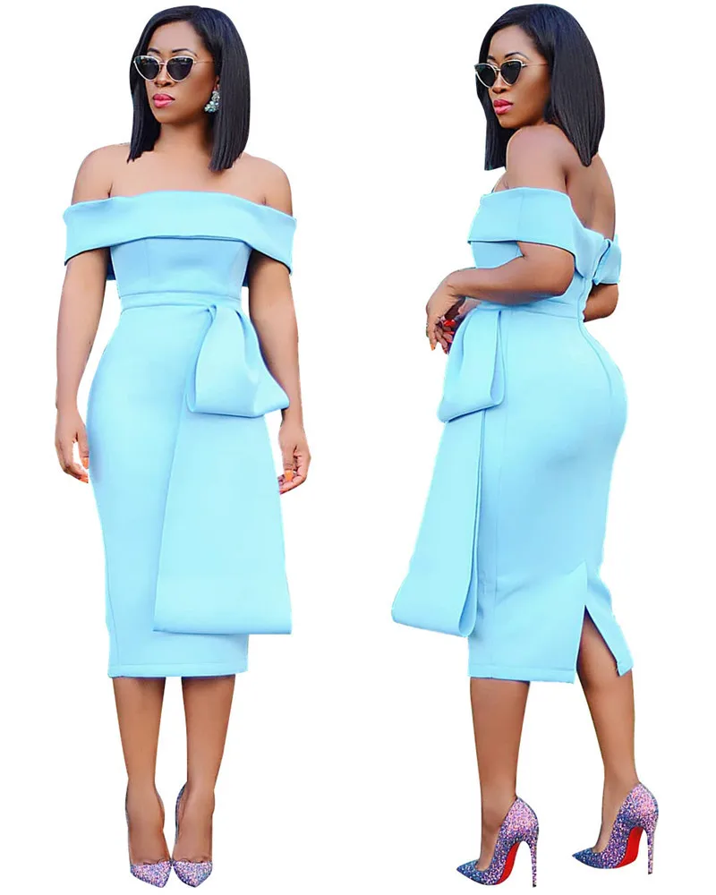 

Adogirl Elegant Women Ruffle Off Shoulder Midi Evening Party Dresses 2019 Summer Folded Slash Neck Pencil Office Dress Work Wear